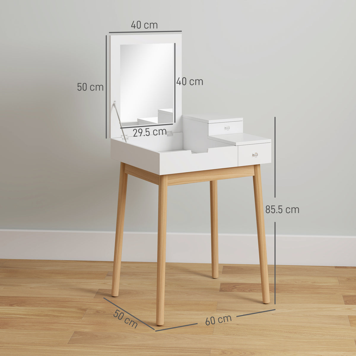 Dressing Table with Flip-up Mirror, Makeup Desk with 2 Drawers and Pine Wood Legs, Vanity Table Writing Desk for Bedroom Living Room