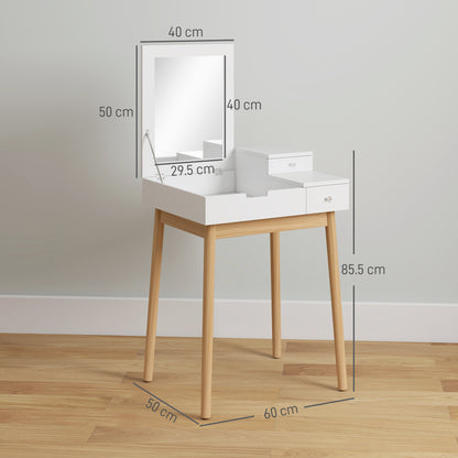 Dressing Table with Flip-up Mirror, Makeup Desk with 2 Drawers and Pine Wood Legs, Vanity Table Writing Desk for Bedroom Living Room