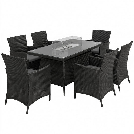 7 Pieces Outdoor Rattan Garden Furniture with Fire Pit Table, 6 Seater Garden Table and Chairs with Cushions, Rattan Dining Set with Propane Heater Table, Windscreen, 50, 000 BTU