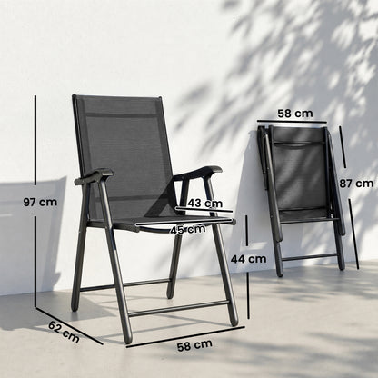 Folding Garden Chairs Set of 2, Foldable Garden Dining Chairs with High Back, Armrests, Texteline Seat, Black