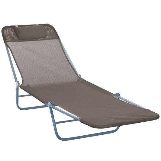 Outdoor Foldable Sun Lounger, Adjustable Backrest Garden Recliner Sun Lounger Chair with Headrest Pillow, Coffee