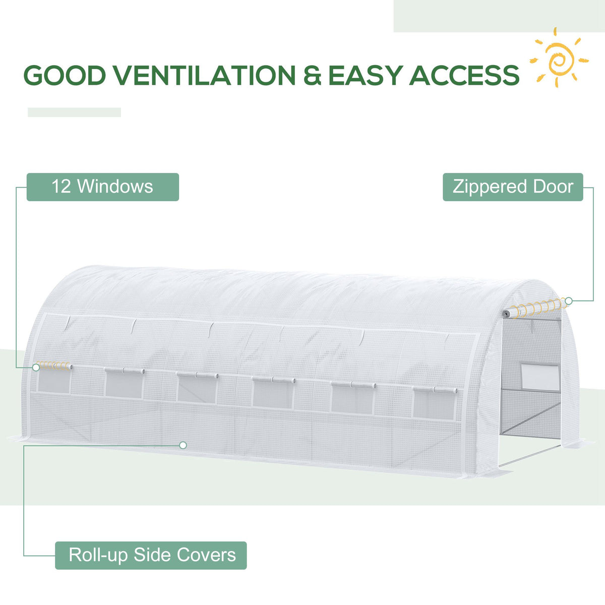 6 x 3 x 2 m Polytunnel Greenhouse with Roll-up Side Walls, Walk-in Grow House Tent with Steel Frame, Reinforced Cover, Zipped Door and 12 Mesh Windows for Garden, White