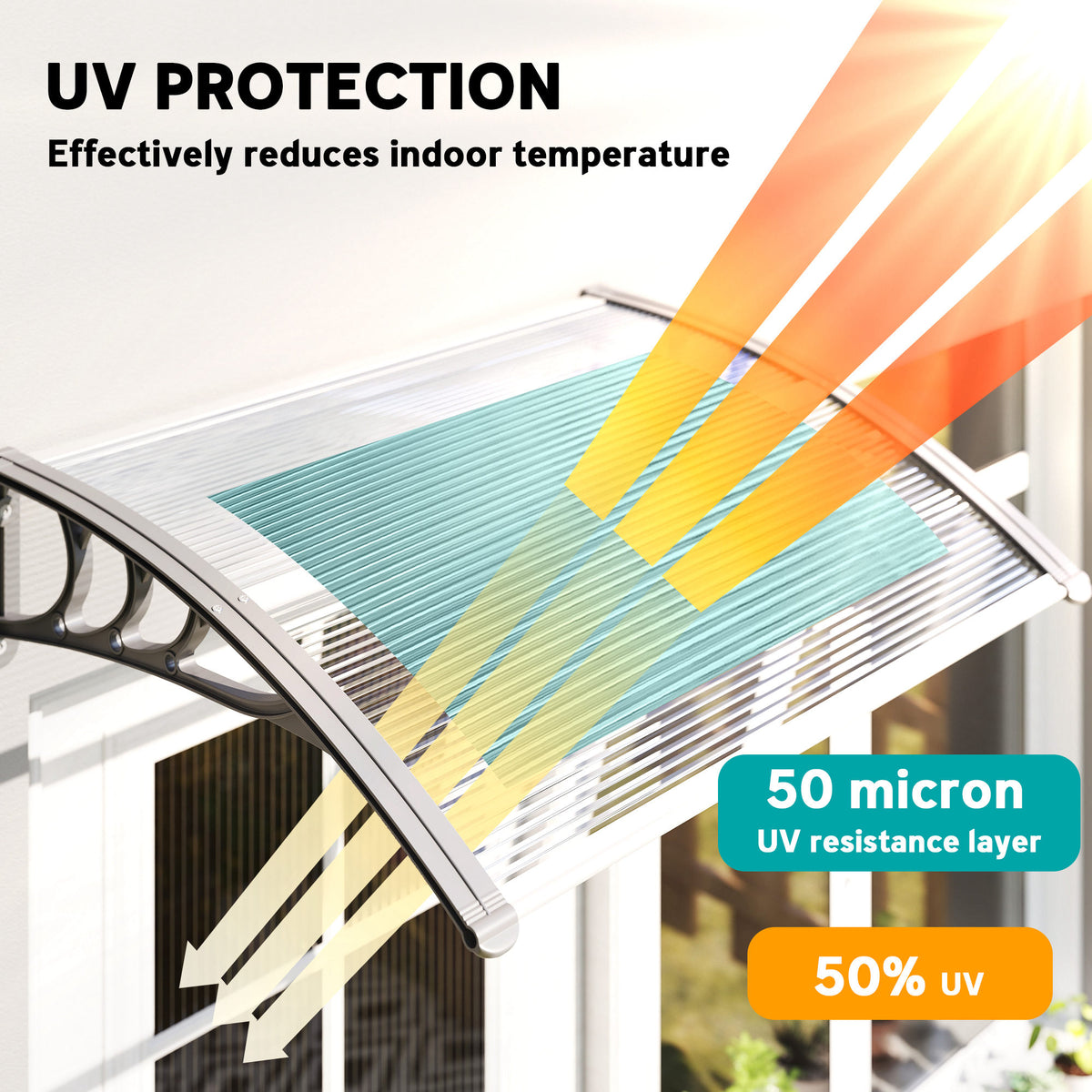 Front Door Canopy Outdoor Awning Aluminium Rigid Plastic Polycarbonate Rain Shelter UV Water Rain Resistant 100 x 75cm Clear