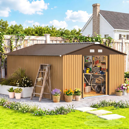 13 x 11ft Metal Garden Shed, Waterproof Outdoor Bike Storage Shed Galvanised with Vents, Foundation Kit, Apex Roof and Lockable Double Doors for Patio Lawn, Light Brown