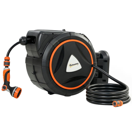 25m Retractable Hose Reel Wall Mounted with Auto Retraction, Self-Locking, Slow Return System, 12-Pattern Nozzles