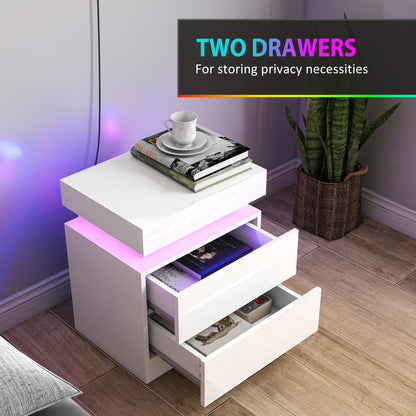 White Bedside Table with LED Light, High Gloss Front Nightstand with 2 Drawers, for Living Room, Bedroom, Set of 2
