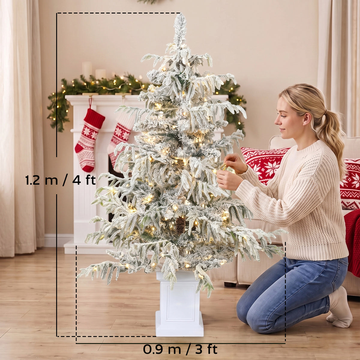 4ft Prelit Flocked Christmas Tree, Artificial Snow Flocked Spruce with 160 Warm White LED Lights, 8 Modes, Green