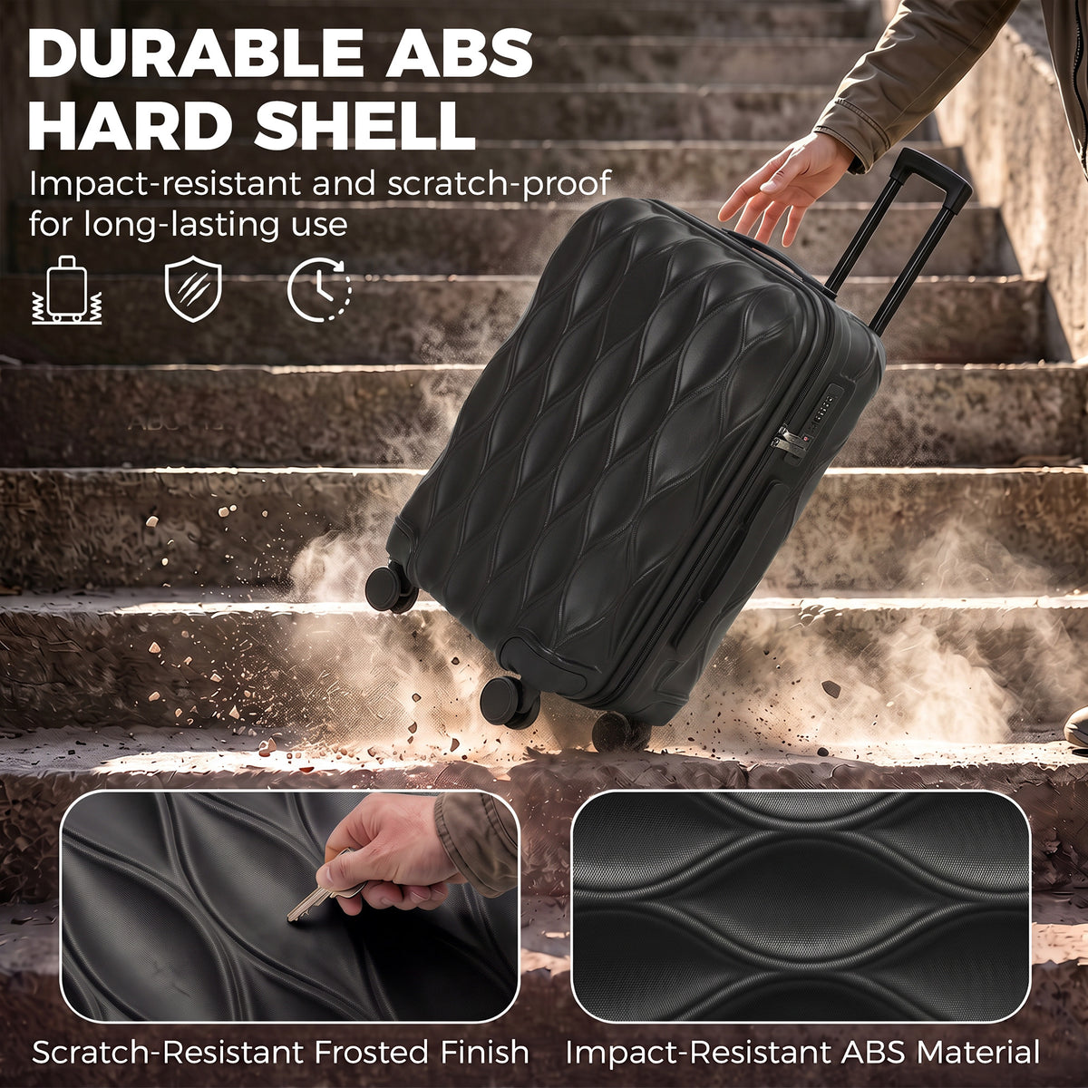 24Inch Suitcase, ABS Hard Shell Checked Luggage with TSA Lock, Spinner Wheels, Telescopic Handle, Black