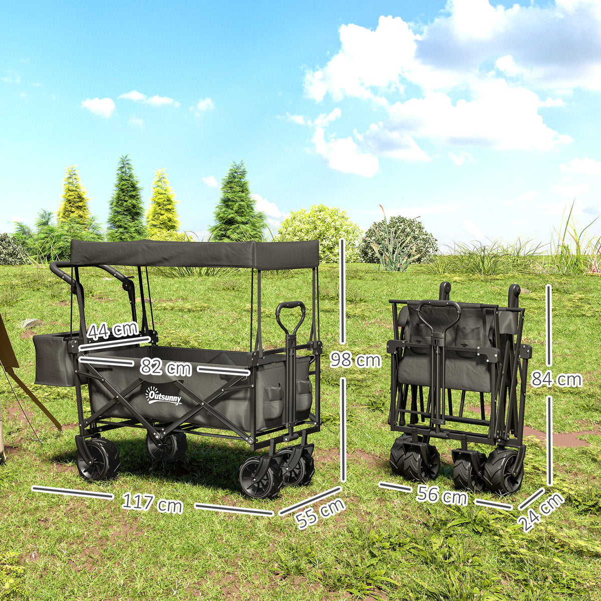 180L Festival Trolley on Wheels, Push & Pull Beach Cart with Removable Canopy, Wide All-Terrain Wheels, Folding Camping Trolley Cart, Adjustable Handle for Garden Fishing Shopping