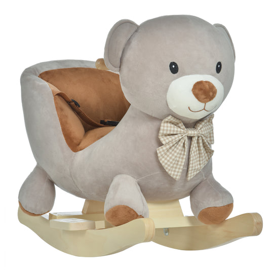 Kids Children Rocking Horse Plush Ride On Bear Seat w/ Sound Wood Base Seat Belt Toddler Baby Toy for 18-36 Months Grey