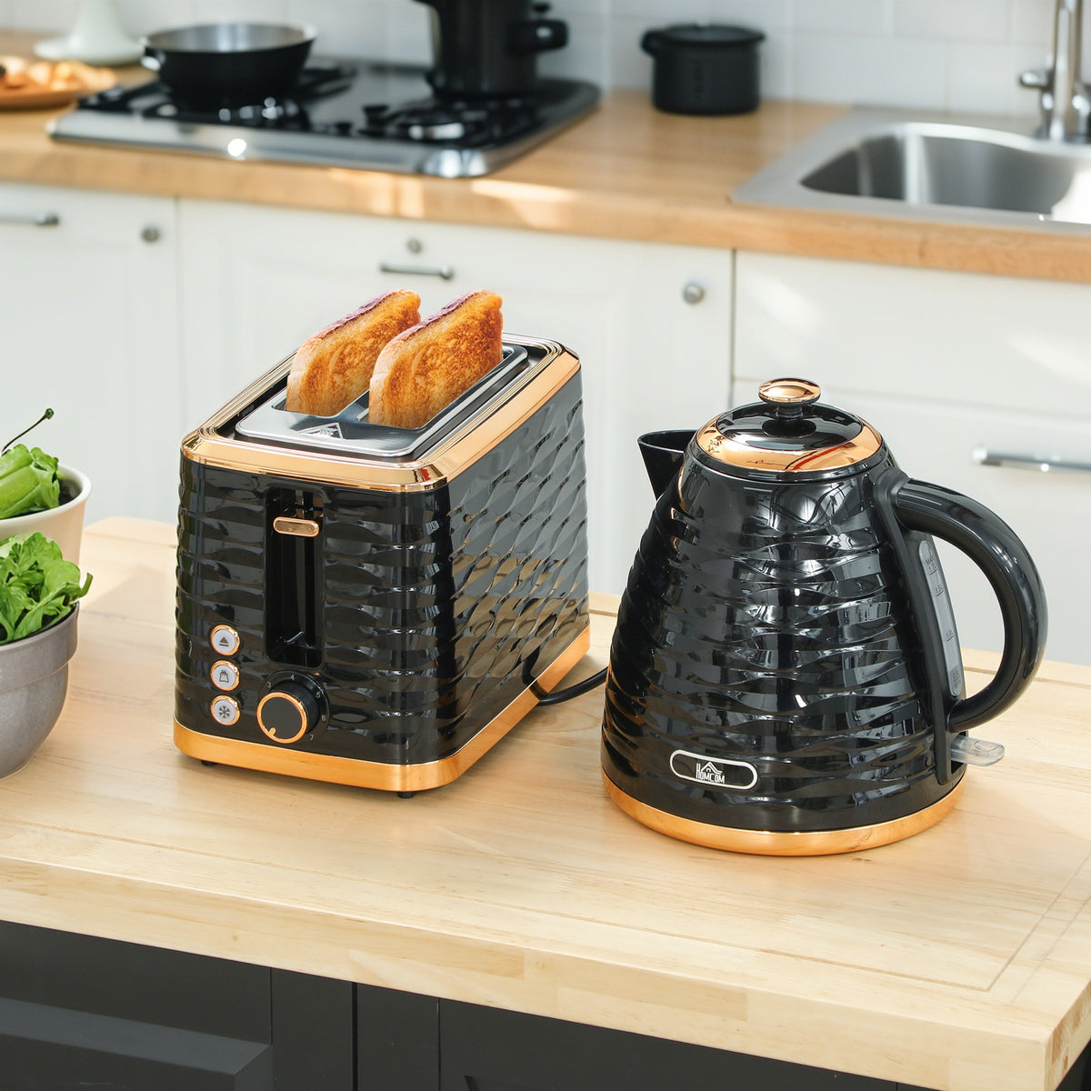 3000W 1.7L Rapid Boil Kettle & 2 Slice Toaster, Kettle and Toaster Set with 7 Browning Controls and Crumb Tray, Black