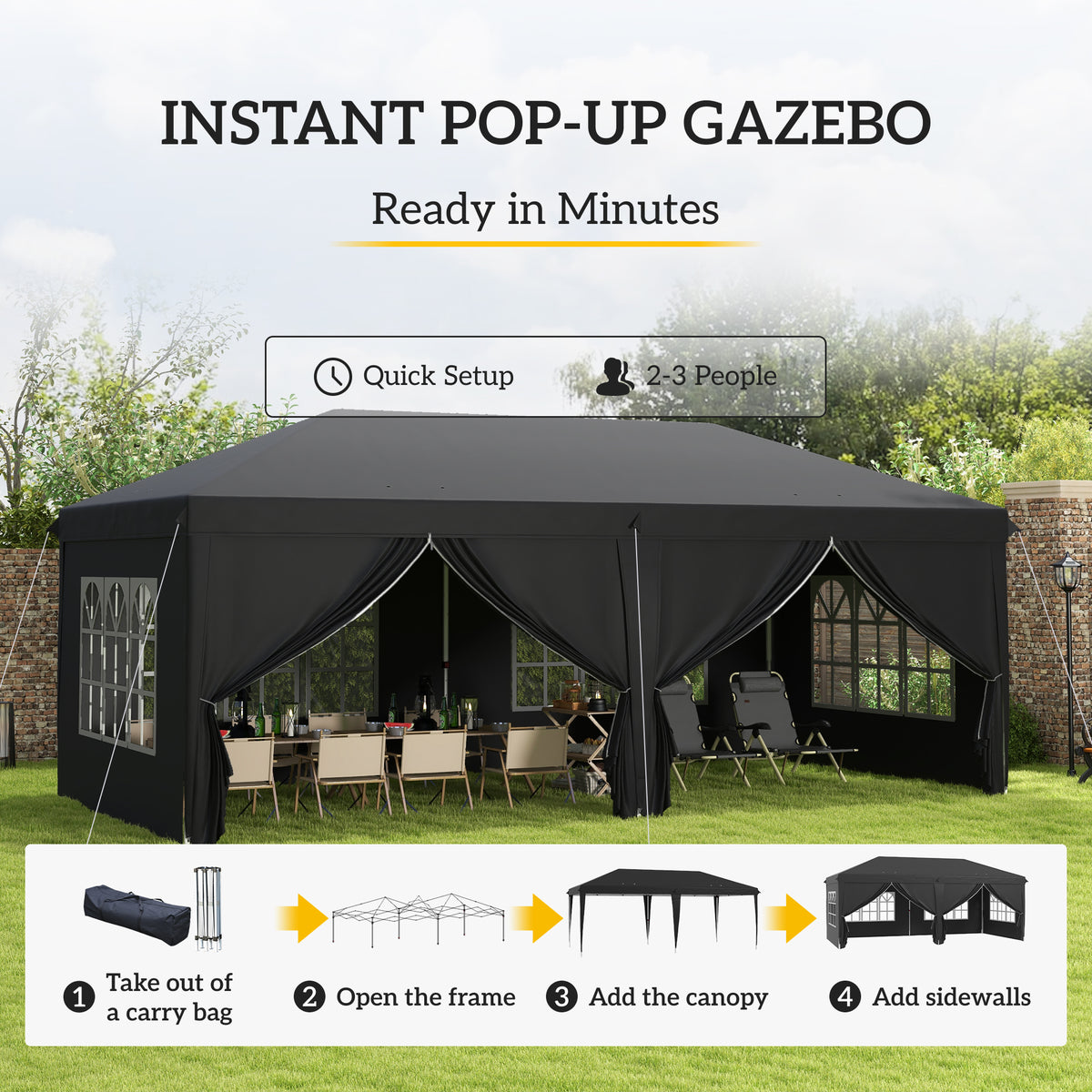 3 x 6 m Pop Up Gazebo with Sides and Windows, Height Adjustable Wedding Camping Party Tent Canopy Marquee with Storage Bag for Garden, Event, Black