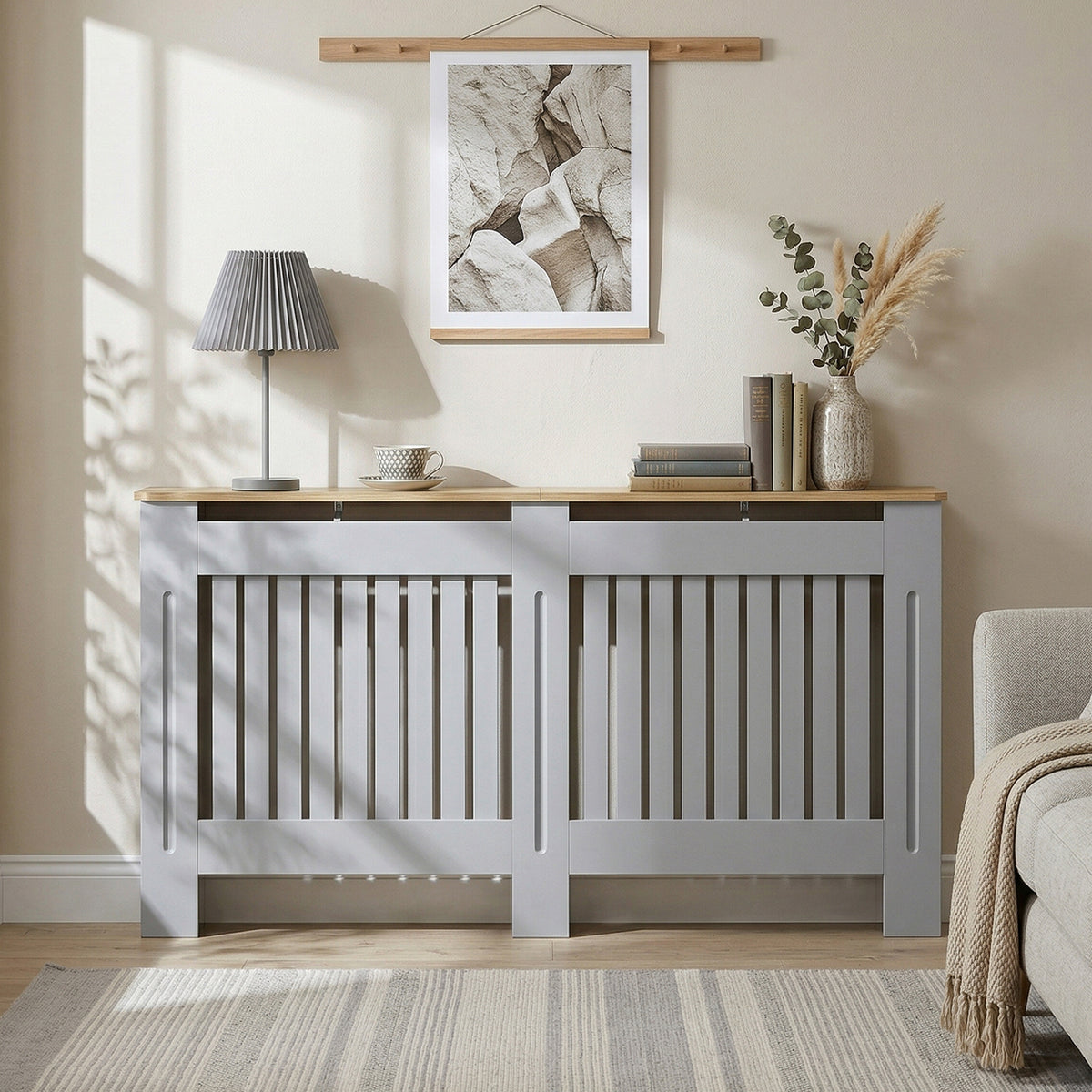 Slatted Radiator Cover, Painted Cabinet with Line Grill Design, 152W × 19D × 81H cm, Grey