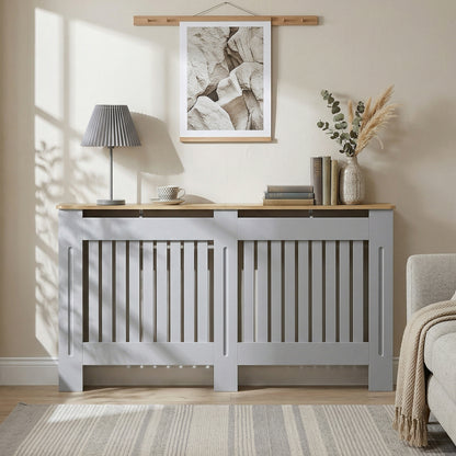 Slatted Radiator Cover, Painted Cabinet with Line Grill Design, 152W × 19D × 81H cm, Grey
