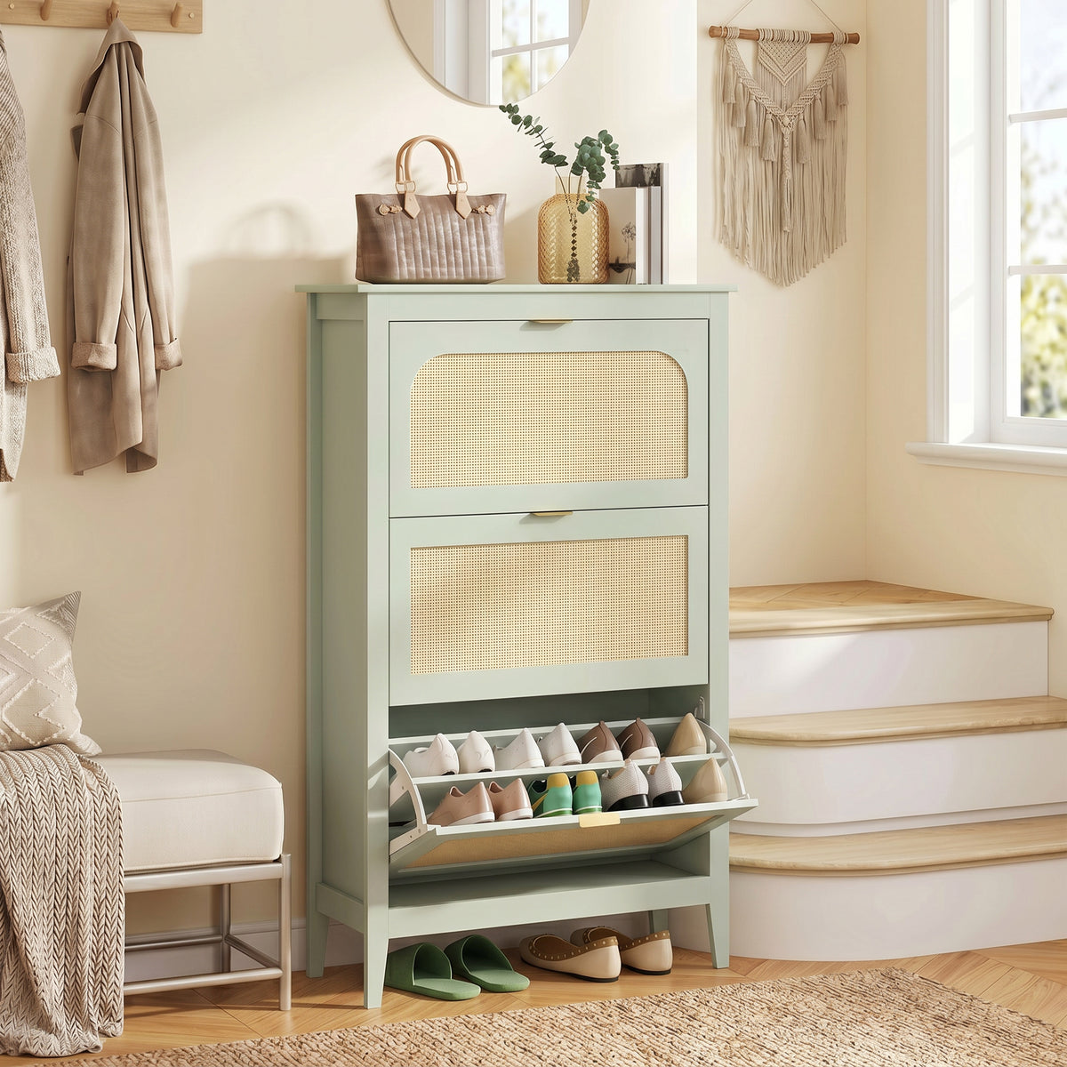 Narrow Shoe Cabinet, Boho Slim Shoe Storage Cabinet with 3 Flip Drawers, Holds 21 Pairs, Light Green