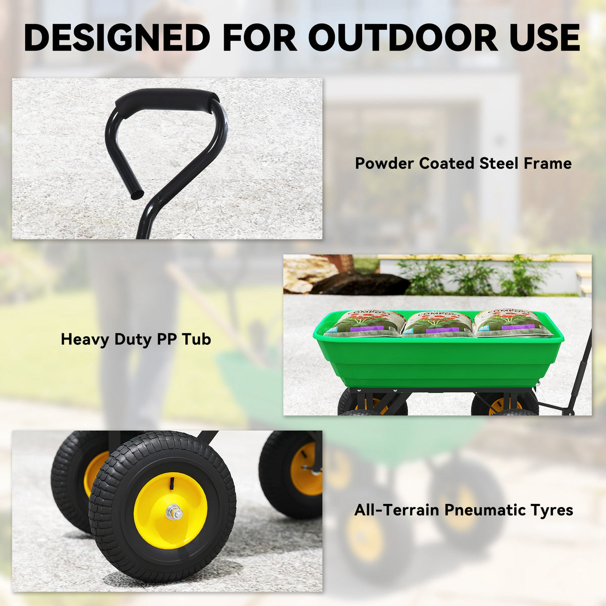 75 Litre Large Garden Cart, Tipping Wheelbarrows Heavy Duty Garden Dump Trolley 200kg Capacity for Festivals, Tools, Plants, Logs - Green