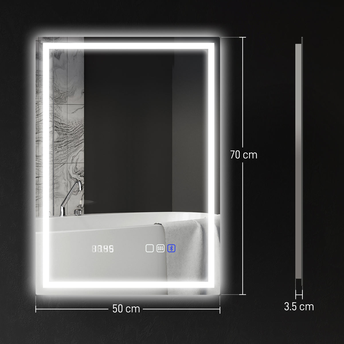50 x 70 cm Anti-Fog LED Bathroom Mirror, with Bluetooth and Clock - Silver Tone