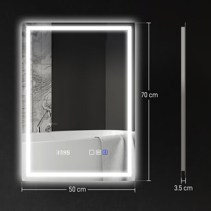 50 x 70 cm Anti-Fog LED Bathroom Mirror, with Bluetooth and Clock - Silver Tone