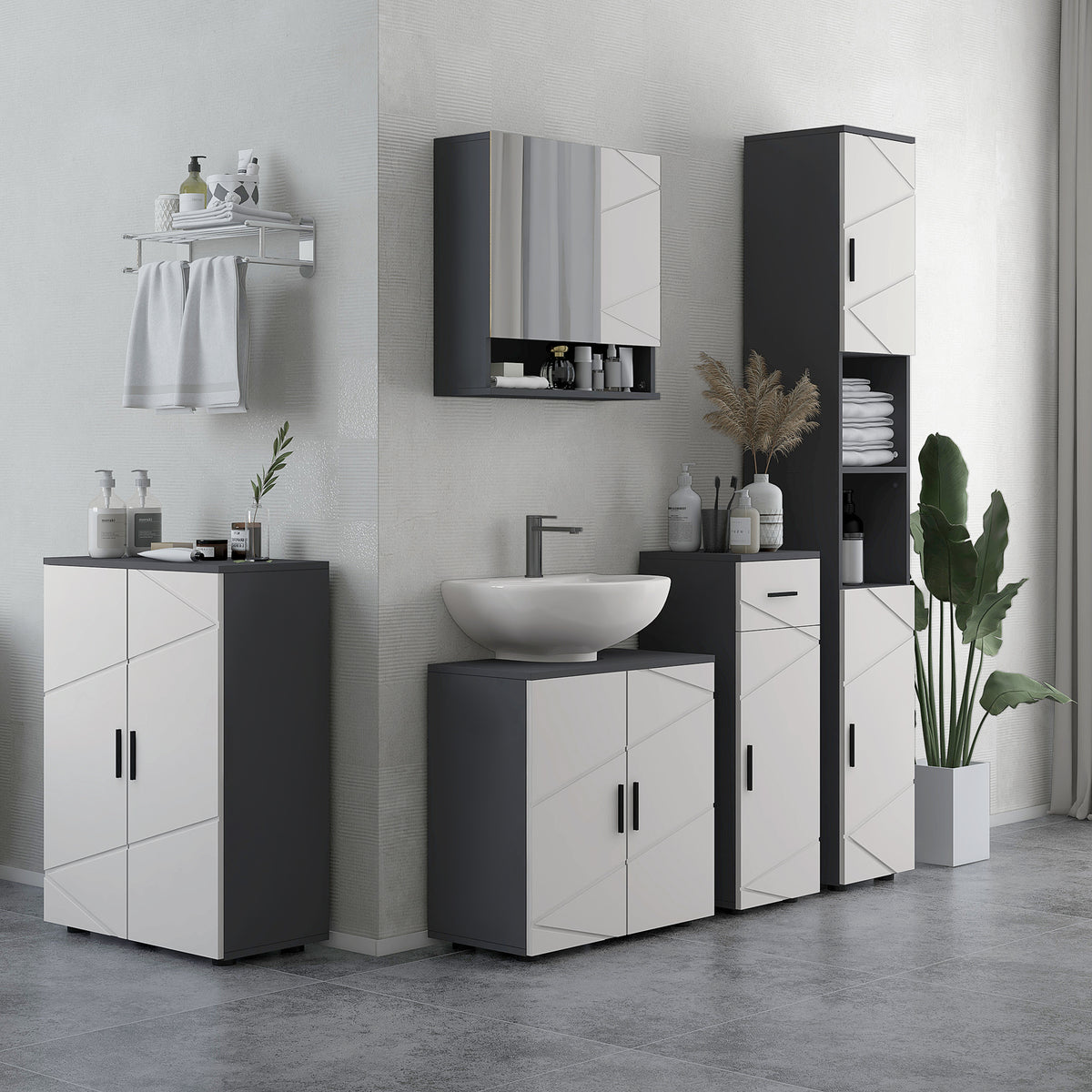 Line Embossed Tall Bathroom Storage Cabinet with Three-position Adjustable Shelves for Minimalist Style