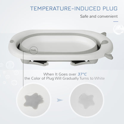 Foldable Baby Bathtub Set, Collapsible Bath Tub with Thermostatic Water Plug, Non-Slip Support, Cushion Pad, Drain Plugs, for Newborn to 3 Years - Offwhite