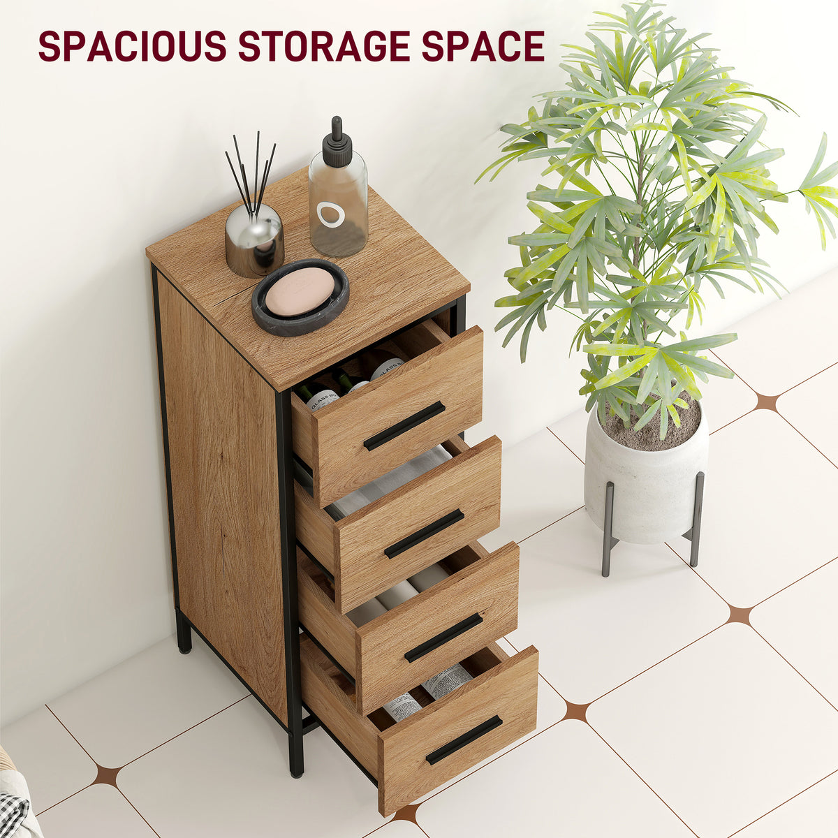 Narrow Bathroom Storage Cabinet with 4 Drawers - Oak