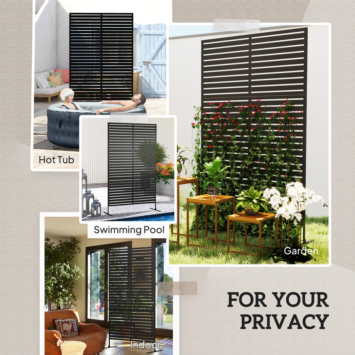 Decorative Privacy Fence Screen, Metal Outdoor Privacy Screen Climbing Plant Trellis with Stand, 122 x 198 cm, Black