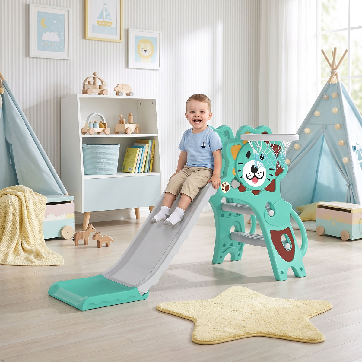 Baby Slide with Basketball Hoop, Climber, Easy to Assemble Kids Slide for Indoor Use, for Ages 18-36 Months