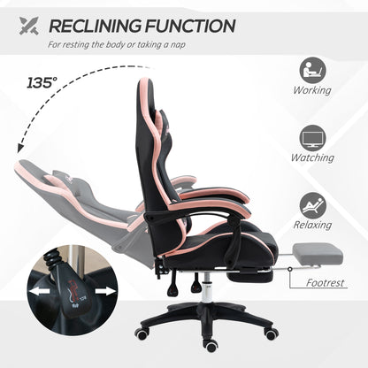 Gaming Chair, Computer Gamer Chair with Reclining High Back, Headrest, Lumbar Support, Footrest, Swivel Wheels, PU Leather, Adjustable Height for Home, Black and Pink