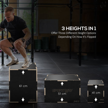 Multi-Faceted Jump Box, Wooden Step Up Box, for Home, Gym, Exercise, 16.1"/20.1"/24" - Black