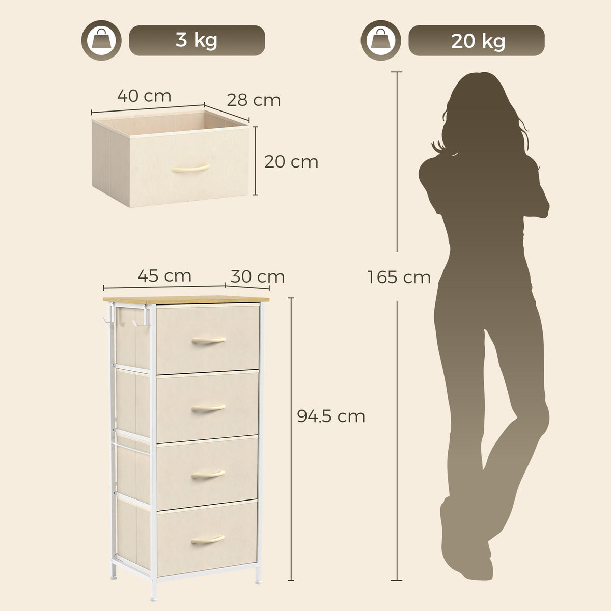 Chest of Drawers with 4 Fabric Drawers, Tall Storage Unit with 2 Hooks and Steel Frame for Bedroom, Beige