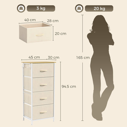 Chest of Drawers with 4 Fabric Drawers, Tall Storage Unit with 2 Hooks and Steel Frame for Bedroom, Beige