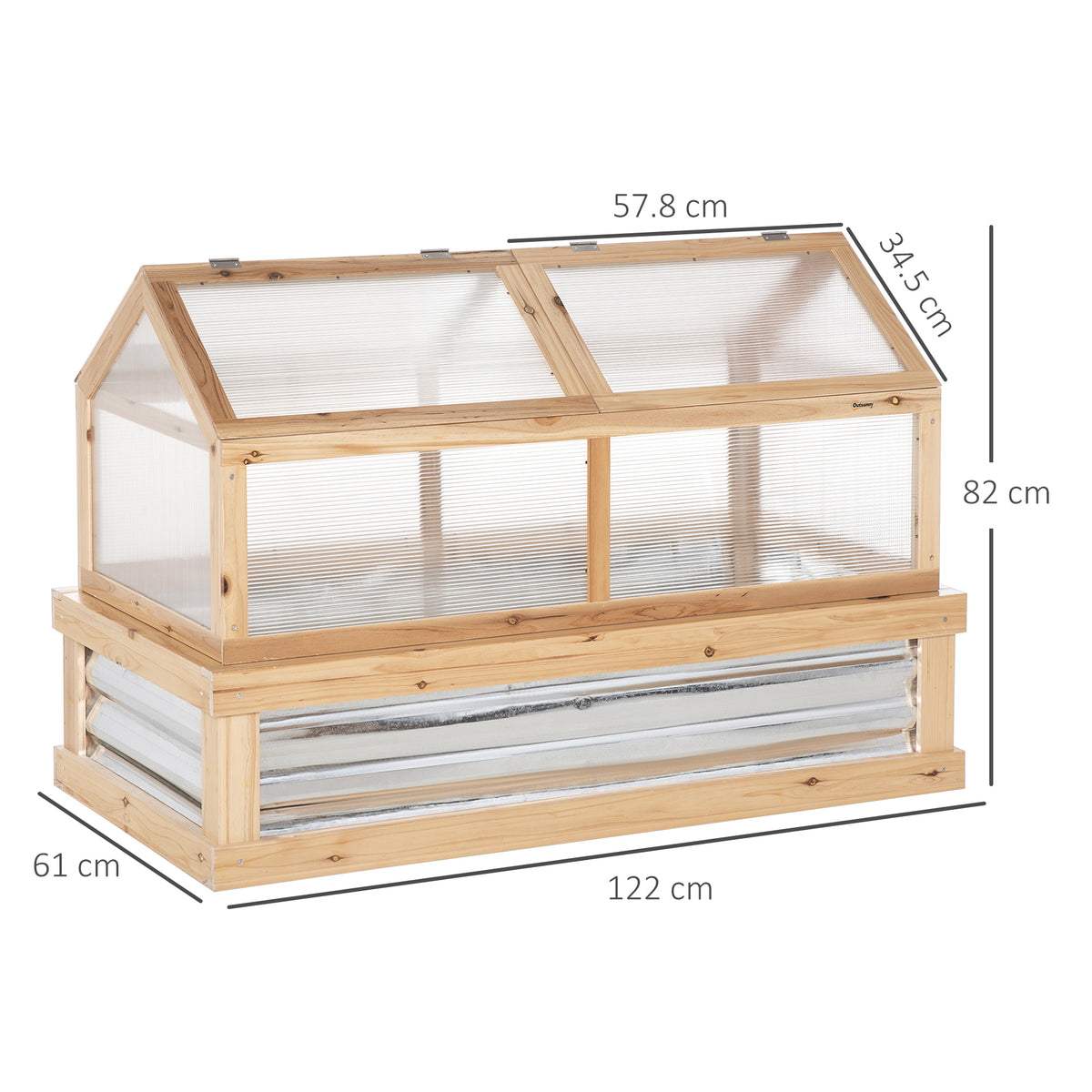 Raised Garden Bed with Greenhouse Top, Garden Wooden Cold Frame Greenhouse Flower Planter Protection with 2 Independent Roofs, 122x 61 x 82cm, Natural