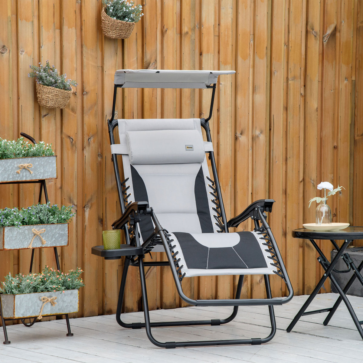 Zero Gravity Lounger Chair, Folding Reclining Patio Chair with Shade Cover, Padded Seat, Cup Holder, Soft Cushion and Headrest for Poolside, Camping, Grey