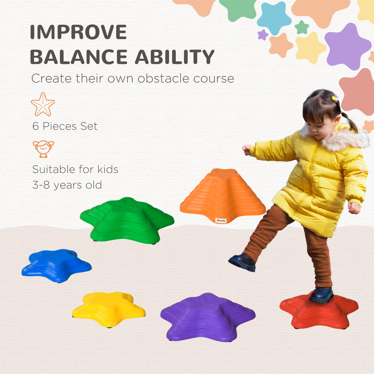 Balance Stepping Stones Kids, 6-Piece Starfish Style Non-slip Obstacle Course, Stackable Balance Blocks, Garden Sensory Toys for Toddler 3-8 Years, Indoor Outdoor, Multicoloured