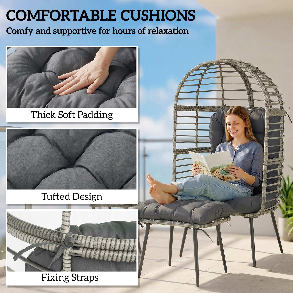 Garden Egg Chair with Footstool, Rattan Indoor Outdoor Lounge Chair and Ottoman Set with Thick Cushions