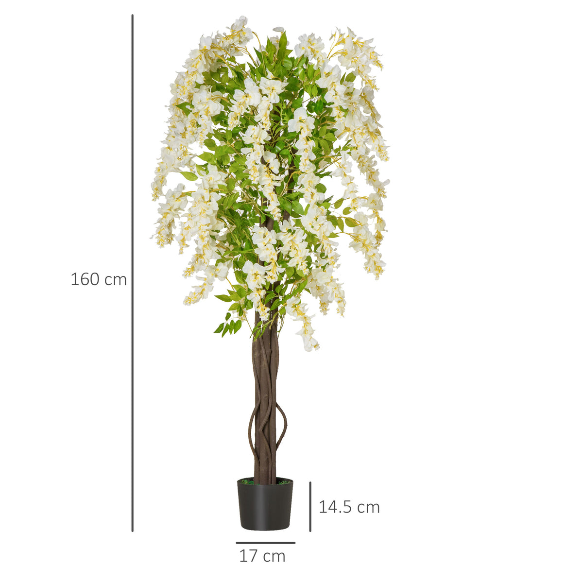 Artificial Plant White Wisteria Tree Faux Decorative Plant in Nursery Pot for Indoor Decor, 160cm