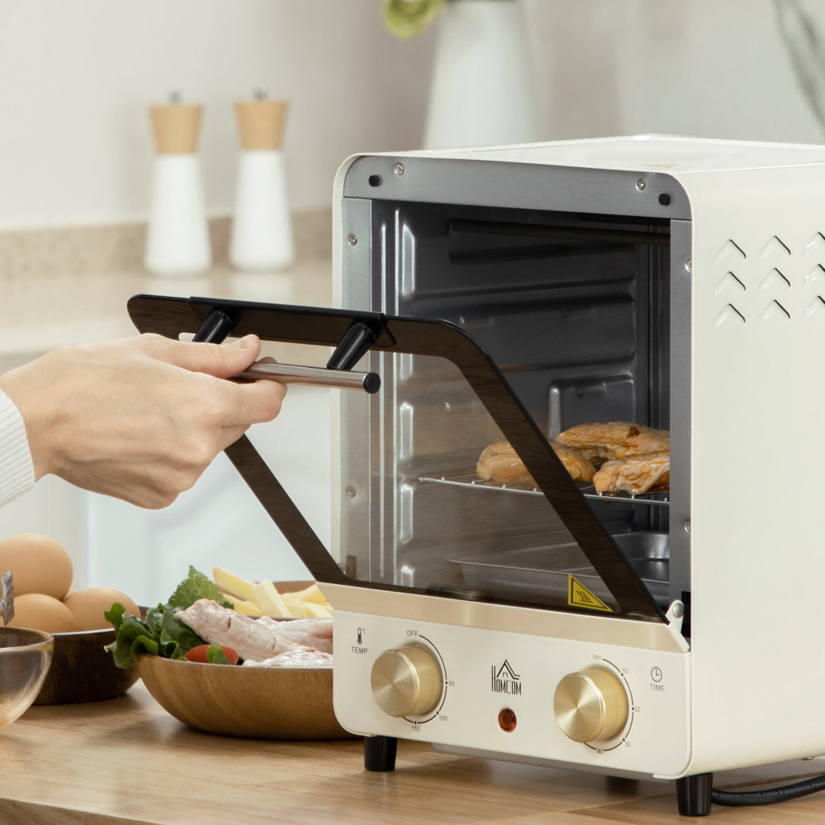 Mini Oven, 15 Litres Electric Oven and Grill with 60-230℃ Adjustable Temperature, 60 Minute Timer, Include Baking Tray, Wire Rack and Crumb Tray, 1000W, Cream White
