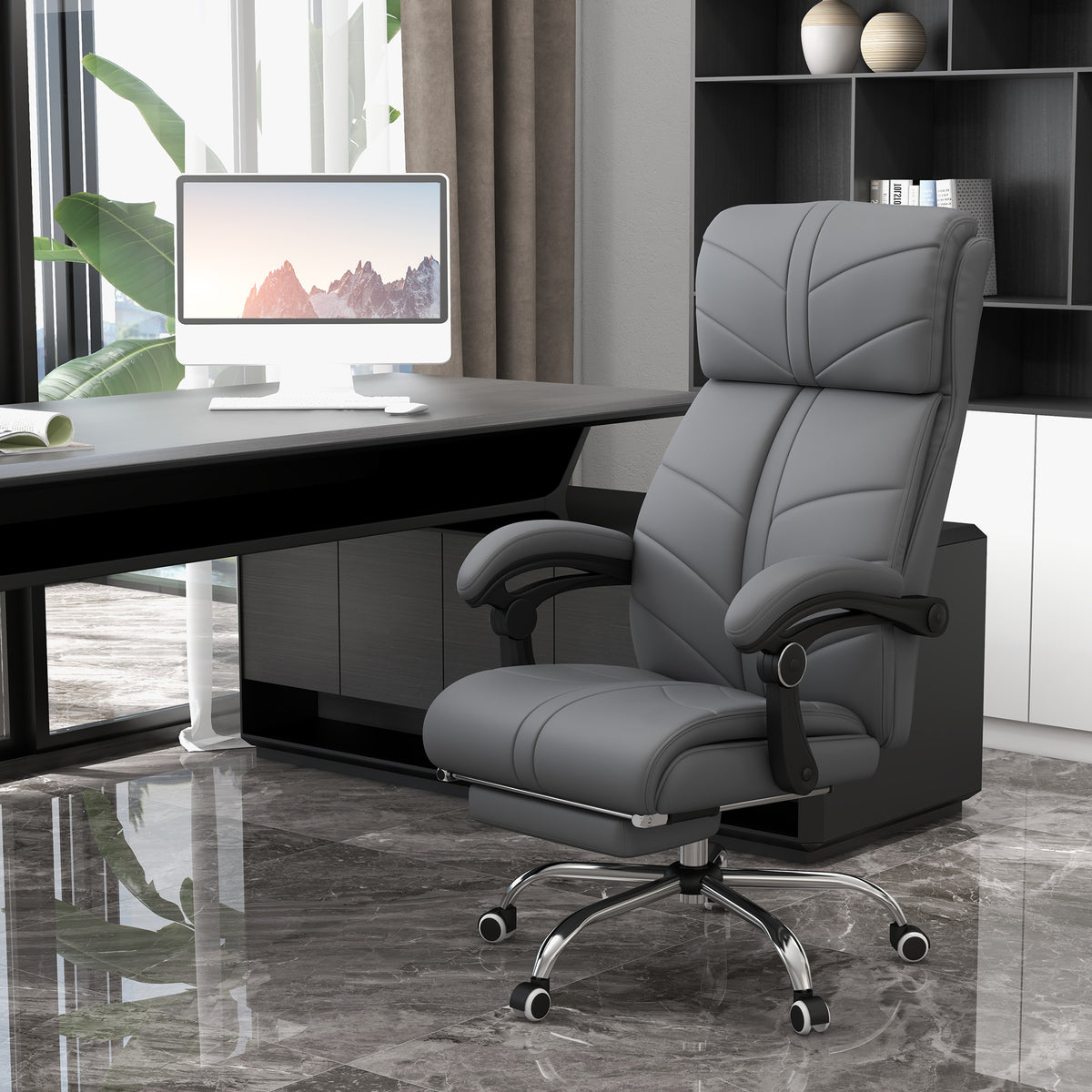 High Back Vibration Massage Office Chair, Heated Reclining PU Leather Computer Chair with Footrest