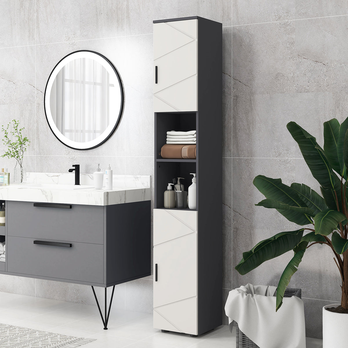 Line Embossed Tall Bathroom Storage Cabinet with Three-position Adjustable Shelves for Minimalist Style