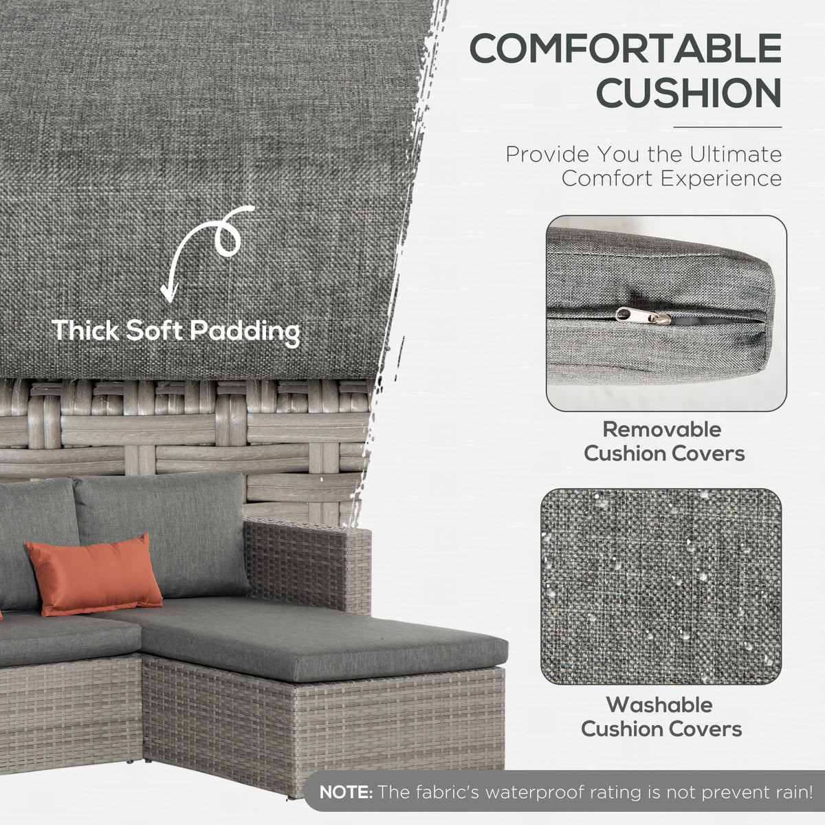 3 Pieces Outdoor PE Rattan Sofa Set, Patio Wicker Conversation Chaise Lounge Furniture w/ Tempered Glass Table-top & Soft Padded Cushion for Garden, Backyard, Lawn, Grey