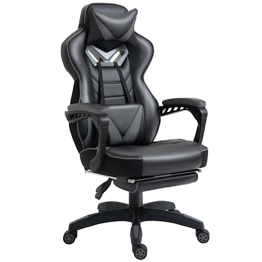 Computer Gaming Chair, Racing Desk Chair with Lumbar Support and Footrest, PU Leather Gamer Chair with Headrest and Swivel Wheels for Home, Grey