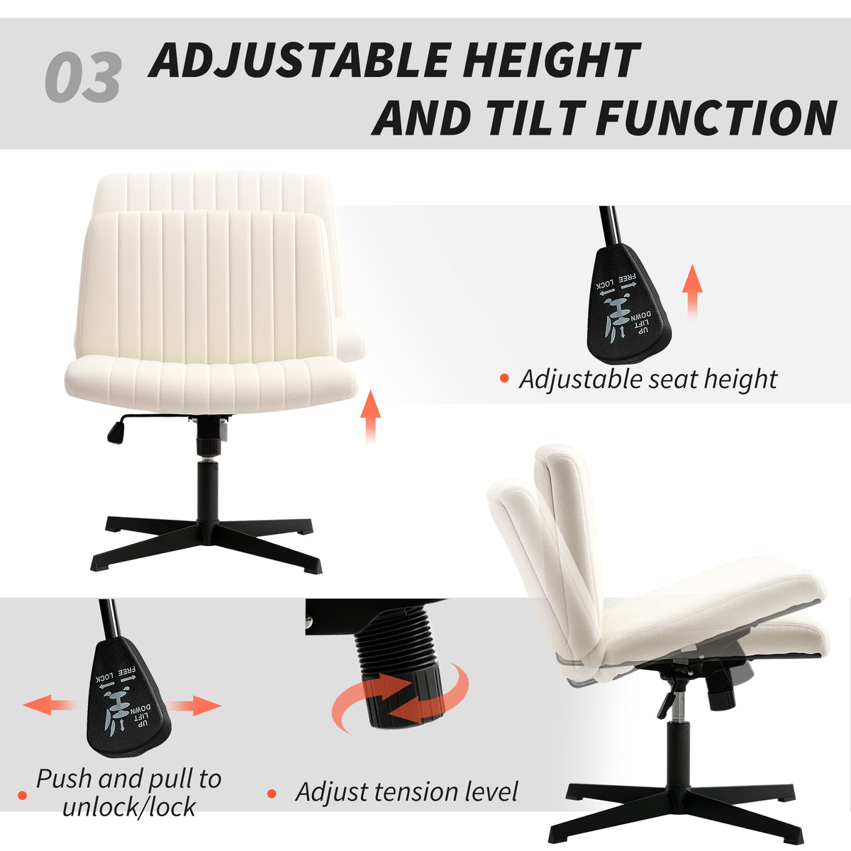 Armless Office Chair No Wheels, Linen Fabric Criss Cross Legged Desk Chair with Wide Seat, Thick Padding, Tilt Function, Height Adjustable Swivel Computer Seat for Home, Cream