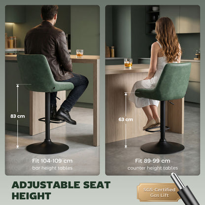 Retro Bar Stools Set of 2, Adjustable Kitchen Stool, Upholstered Bar Chairs with Back, Swivel Seat, Green