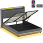 5ft King Bed Frame with Headboard, Platform Bed Frame with Hydraulic Storage, LED Lights and Charging Station, Grey