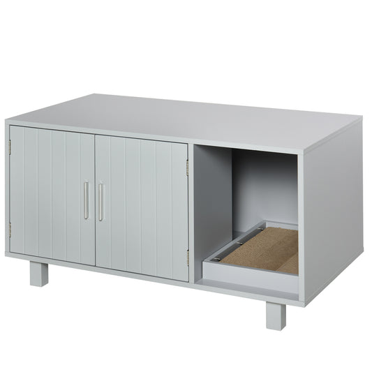 Wooden Cat Litter Box Enclosure & House with Nightstand/End Table Design, Scratcher, & Magnetic Doors, Grey