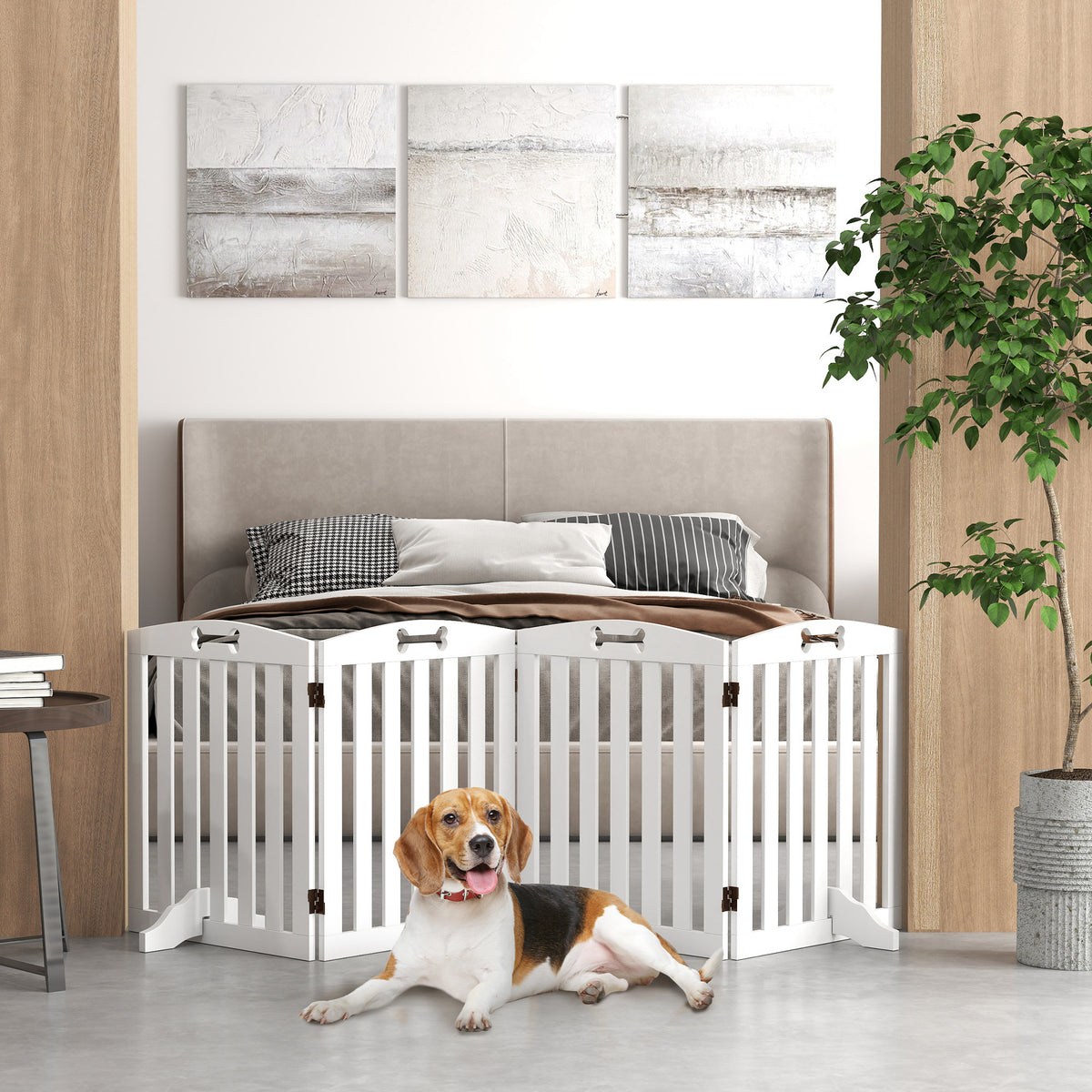 Wooden Dog Gate, Freestanding Pet Gate with Support Feet for Doorways, Hallways, Stairs, 207.5L x 61H cm, White