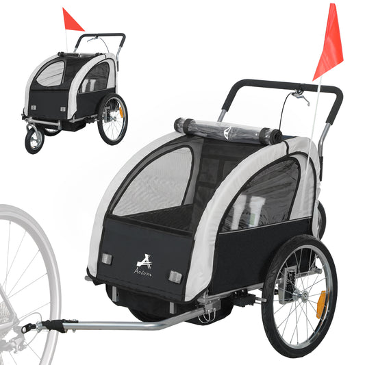 2 Seat Bike Trailer with 5 Point Harness, Baby Bike Stroller with Safety Flag, Reflectors, for 18+ Months