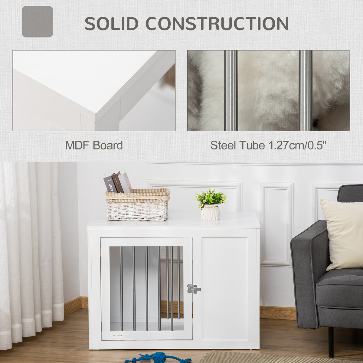 2-in-1 Dog Cage and Side Table, with Two Lockable Doors, for Medium Dogs - White