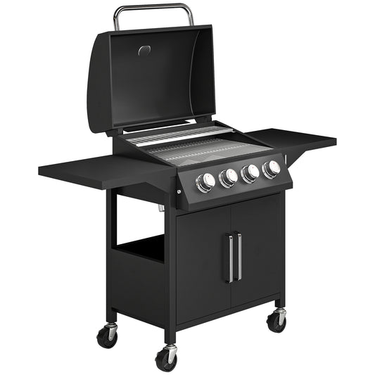 4 Burner Gas BBQ Grill Outdoor 11.6 kW Portable Barbecue Trolley w/ Warming Rack, Side Shelves, Cabinet