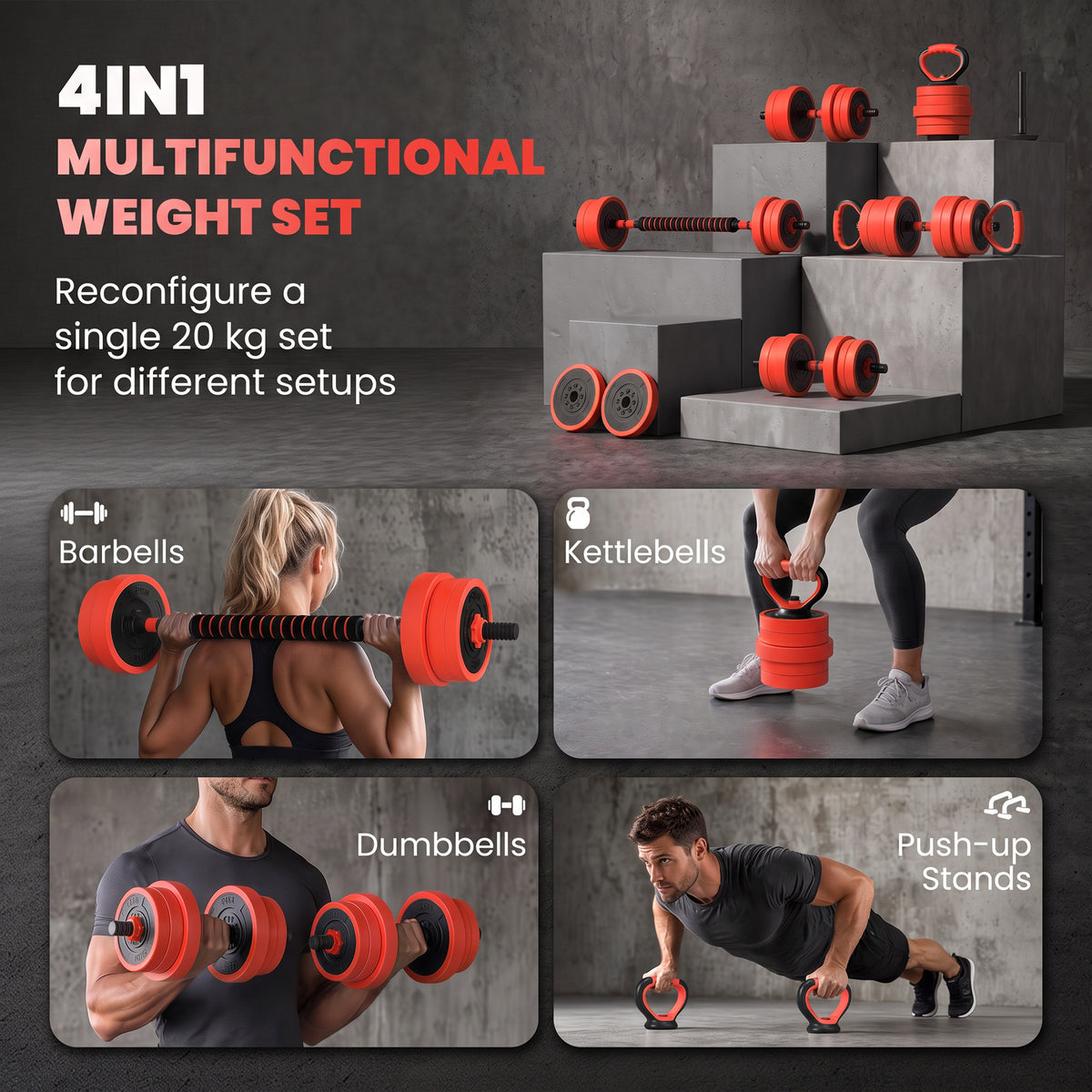 20kg 6-In-One Adjustable Weight Dumbbells Set, Barbell, Kettlebell, Push Up Stand - Red
